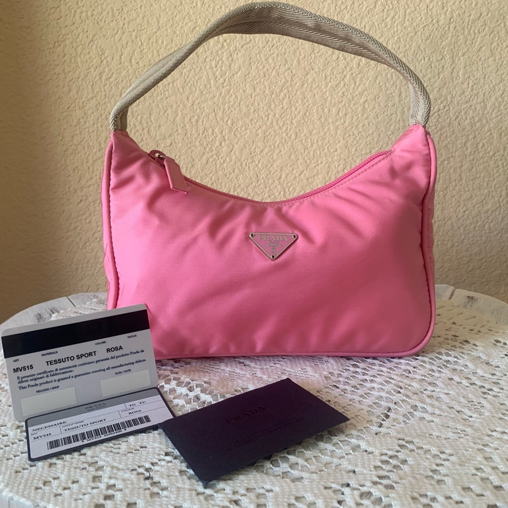 Prada Pink Tessuto Sport Shoulder Bag with Cream Handle